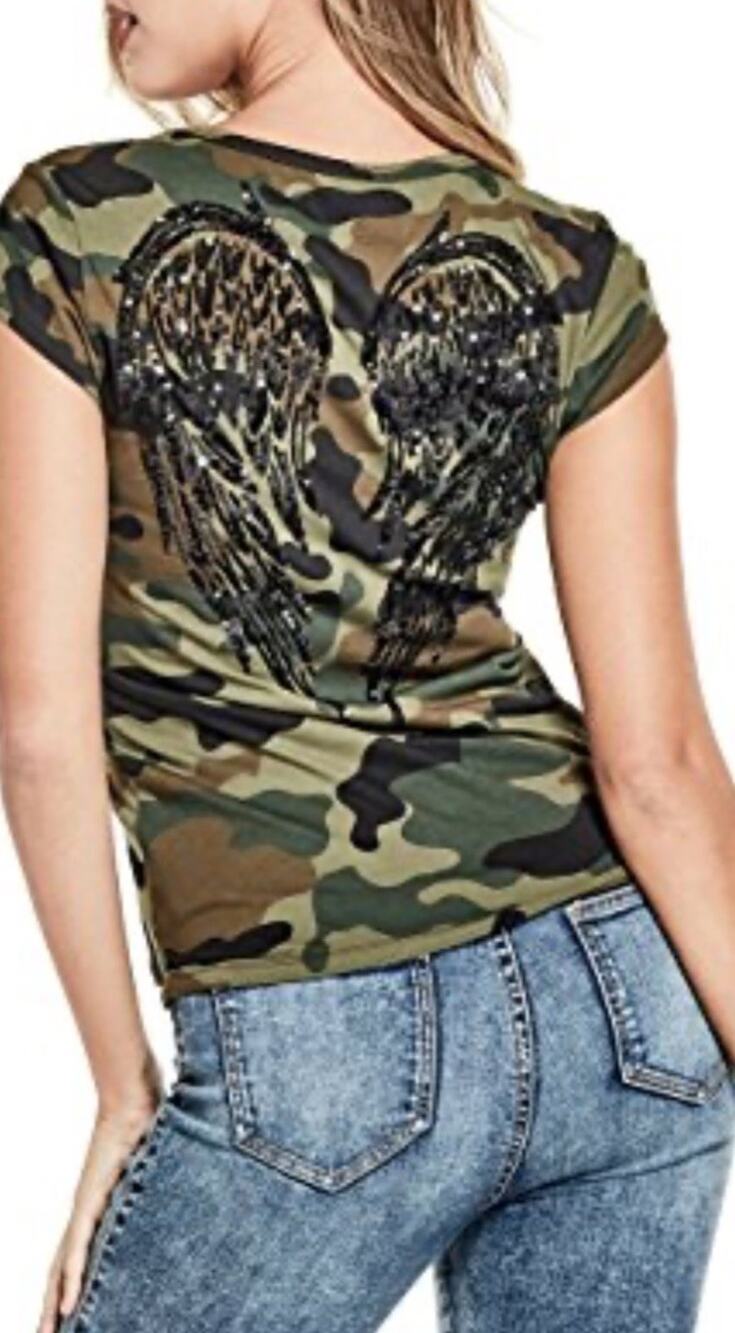 Y2K GUESS camp tee bling Women's Angel Wings VTG Sequins Shirt Grunge Fairy S